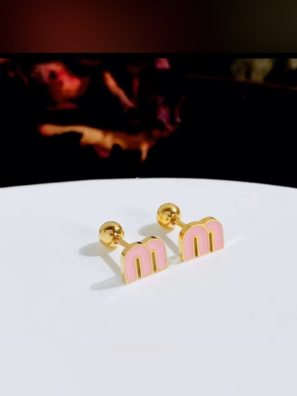 Fashion Jewelry 14K Gold Plated/ Pink 'Inspired Logo-M' -Enamel Stud Earrings